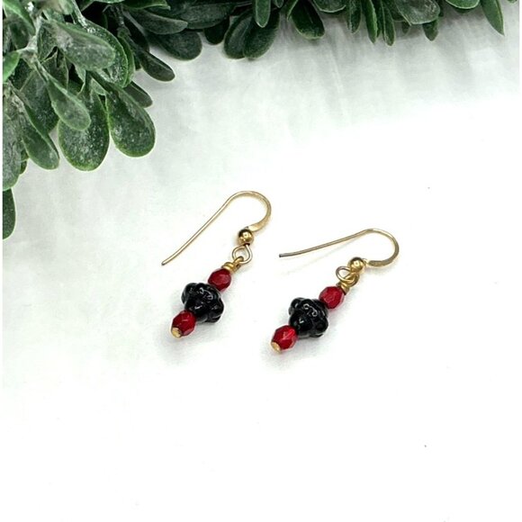 Black and Red Glass Beaded Dangle Earrings With Gold Hook - Picture 3 of 5